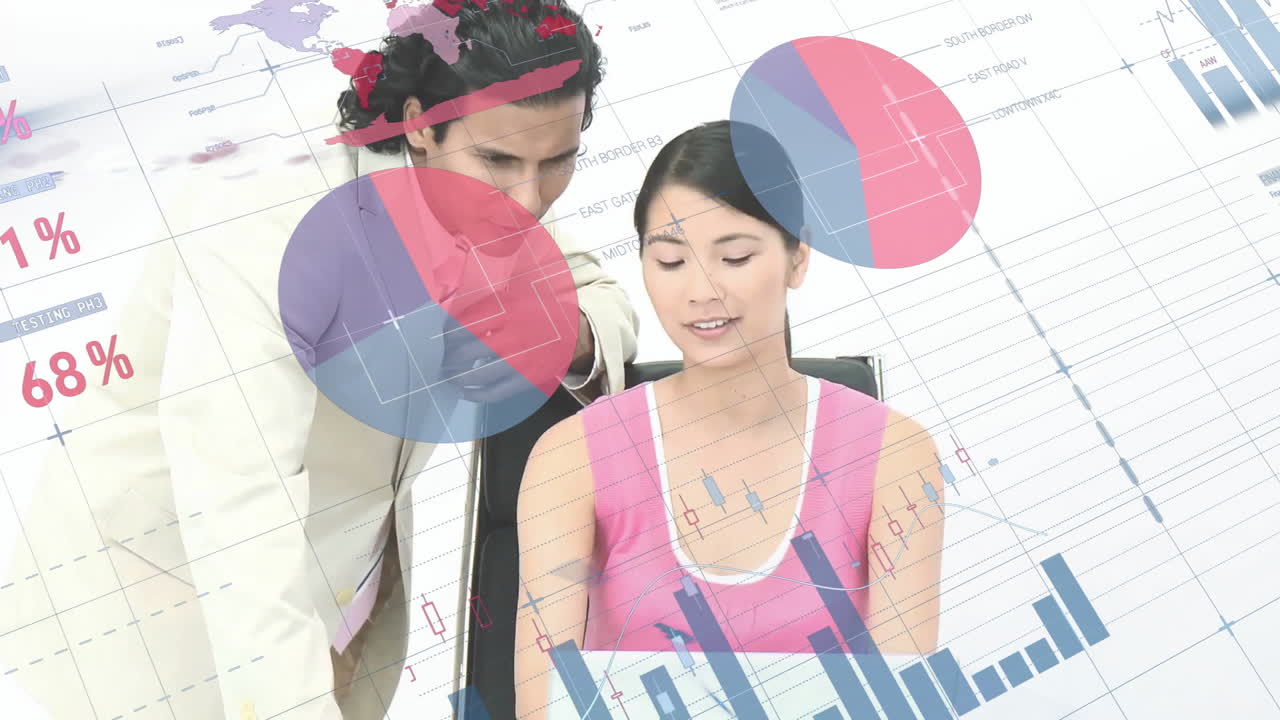 Animation of financial data processing over diverse business people in office