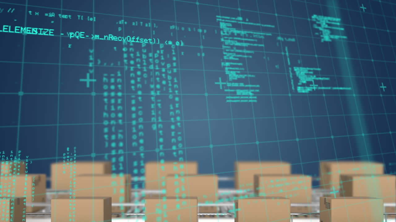 파란색 배경 위에 데이터 처리 및 컨베이어 벨트 상자 애니메이션.