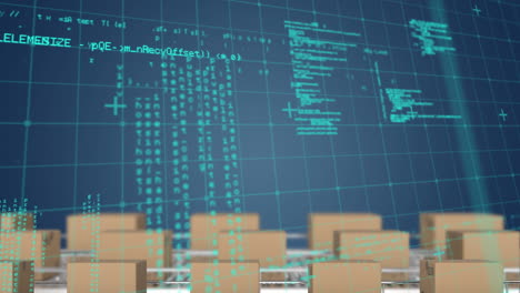 animación del procesamiento de datos y cajas en la cinta transportadora sobre fondo azul.