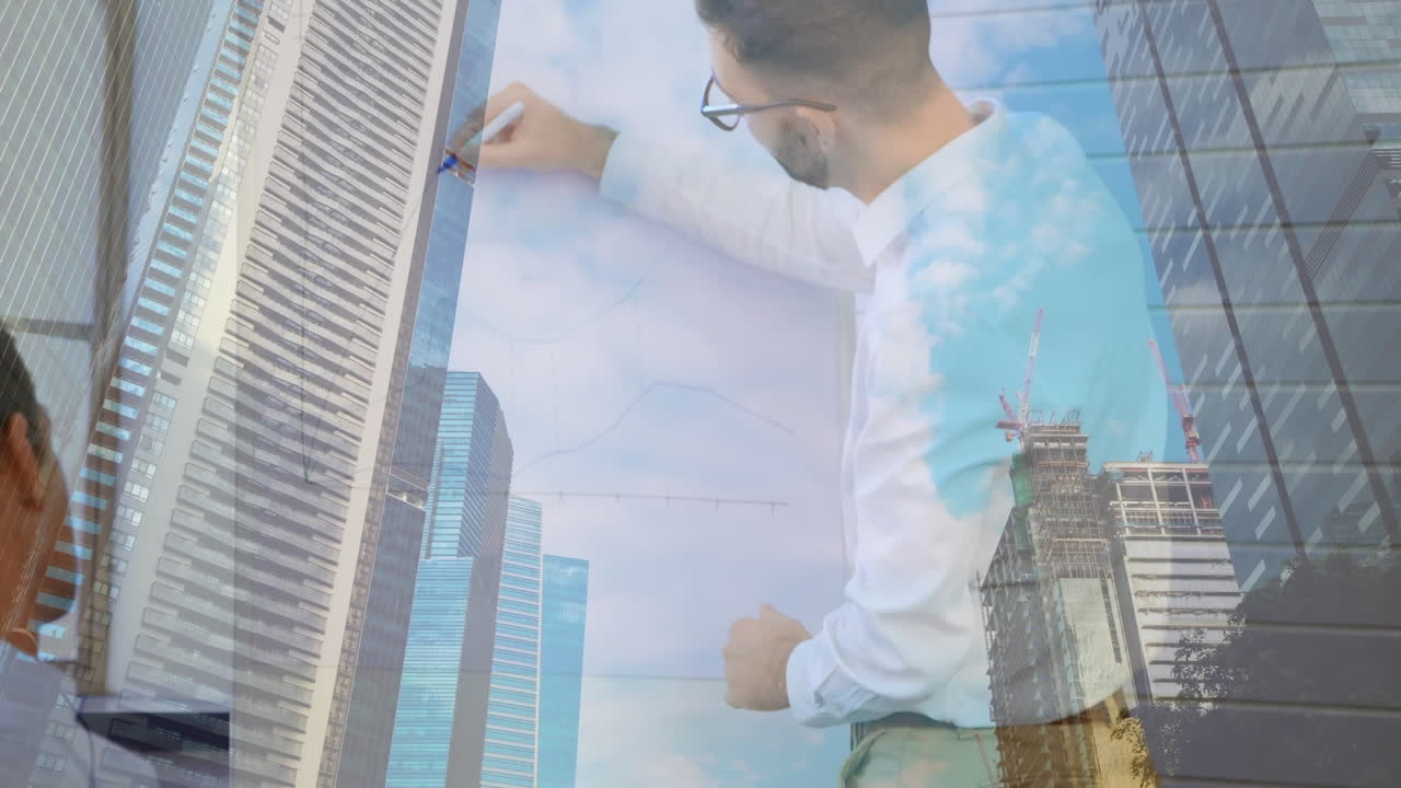 animación de diversas personas de negocios en la oficina sobre el paisaje urbano