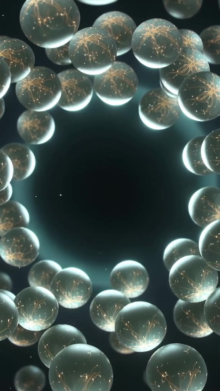Video vertical: Esferas de cristal giratorias con vetas doradas formando un toroide, con un halo verde azulado que impulsa el movimiento.