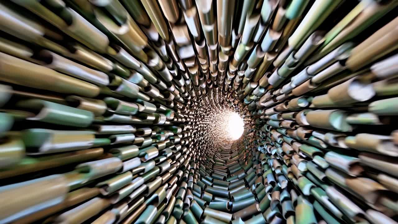 Spiral view through a tunnel of bamboo tubes, showcasing the intricate arrangement and light at the end, illustrating a dynamic visual journey