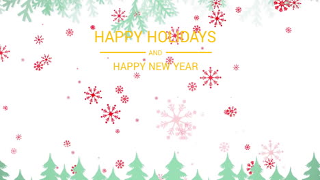 animation of happy holidays text over christmas winter scenery