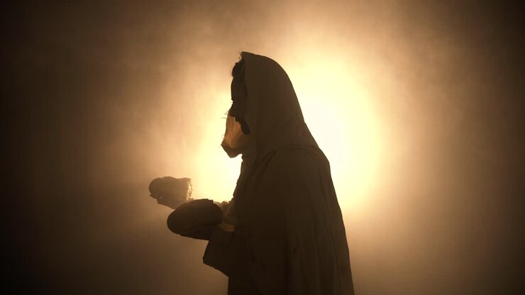 Silhouette of Jesus Christ in white hooded robe holding bread as he stands in glowing, bright light praying. Christianity, Easter Sunday visual. The last supper, communion, Christian sacraments.
