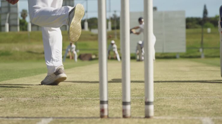 Primo piano di una partita di cricket sul campo.