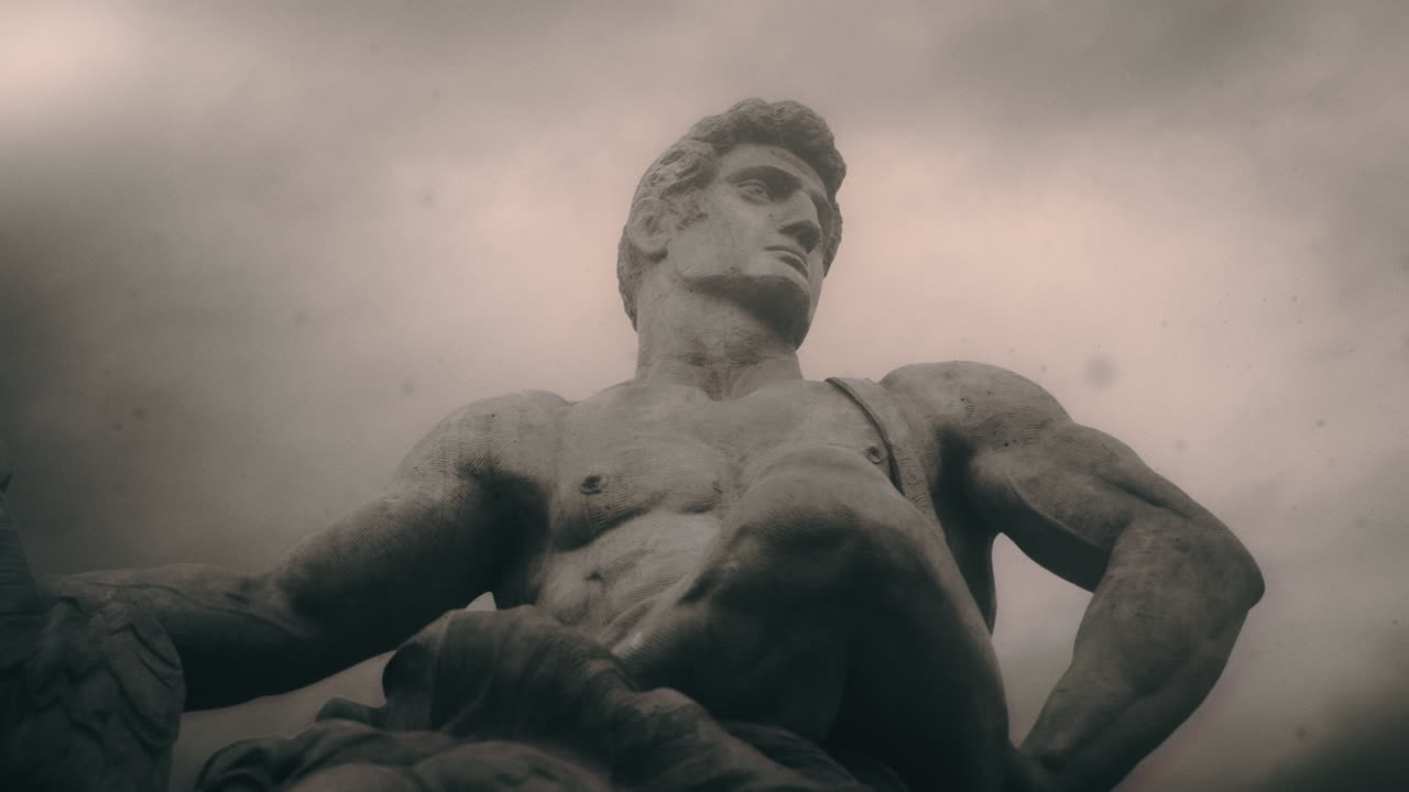 Epic, ancient stone statue on cloudy day and windy weather.