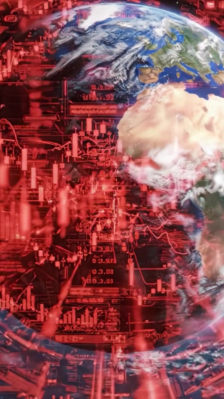 Dynamische Übersicht der Erde mit Datenvisualisierung: Ein Einblick in globale Datentrends und Finanzindikatoren, dargestellt in einer auffälligen roten Überlagerung