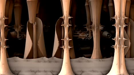 추상적인 모던 아키텍처 사이드 뷰 (side view) - 초현실적인 조각된 기둥 근처로 이동하는 추상적인 형태와 형태의 애니메이션 - 현대적인 수공예 목조 건축, 렌더링 된 비디오