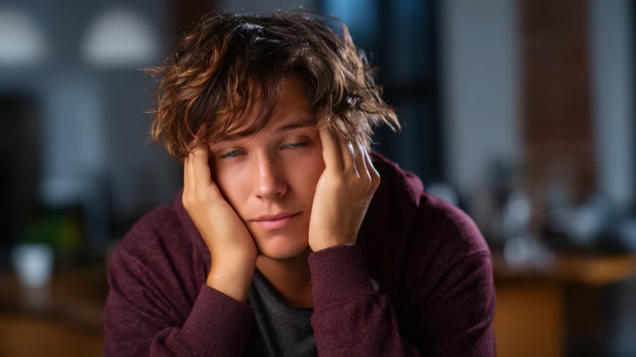 Un giovane uomo pensieroso con i capelli arruffati seduto in una stanza scarsamente illuminata, che mostra un mix di emozioni mentre si appoggia il viso tra le mani, immerso nei suoi pensieri