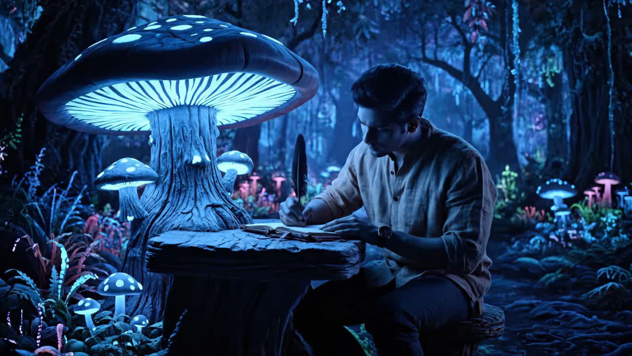 Un uomo che scrive in una foresta magica di funghi