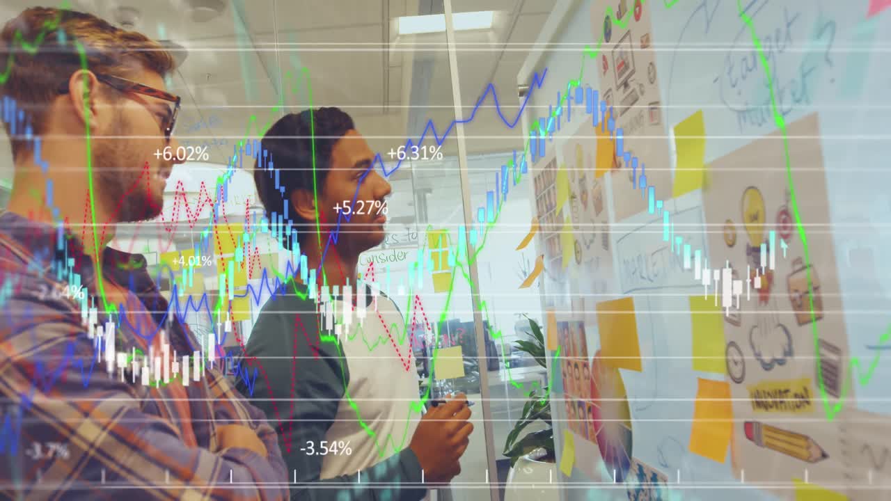 Animation of graphs over diverse male workers brainstorming