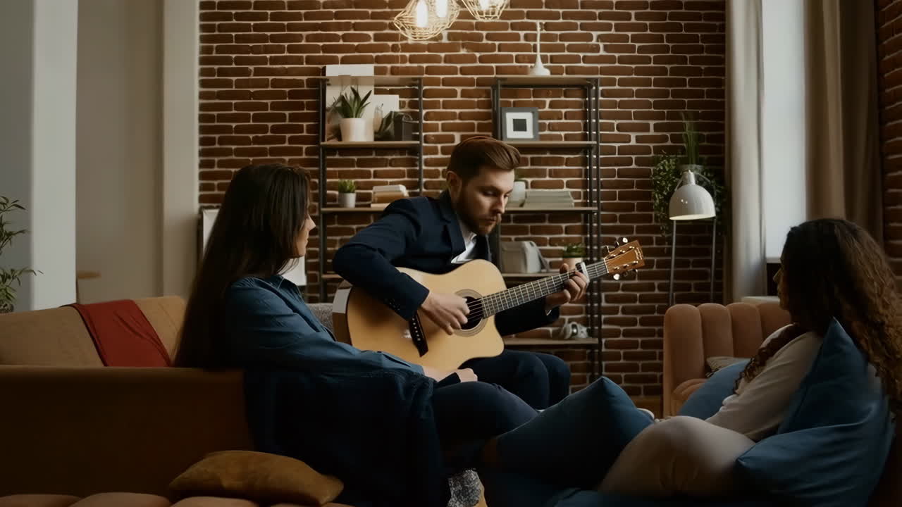 Man Plays Acoustic Guitar for Friends in a Cozy Living Room