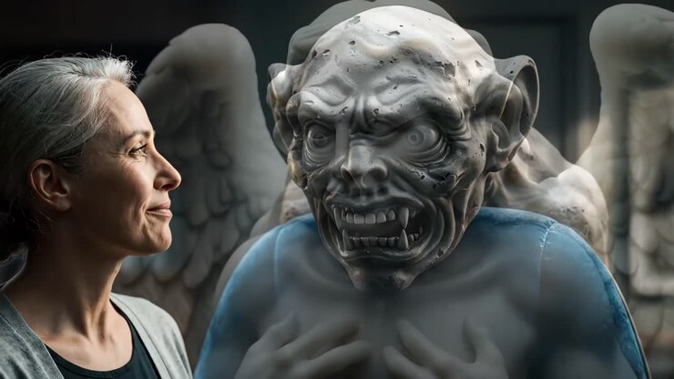 Una donna che ammira la statua di un angelo
