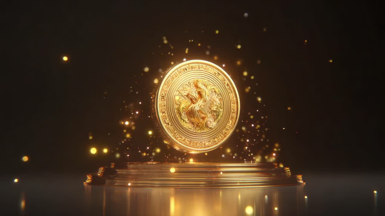 A mesmerizing golden coin spins majestically on a gleaming pedestal, surrounded by sparkling light particles, showcasing intricate designs and a sense of richness and luxury