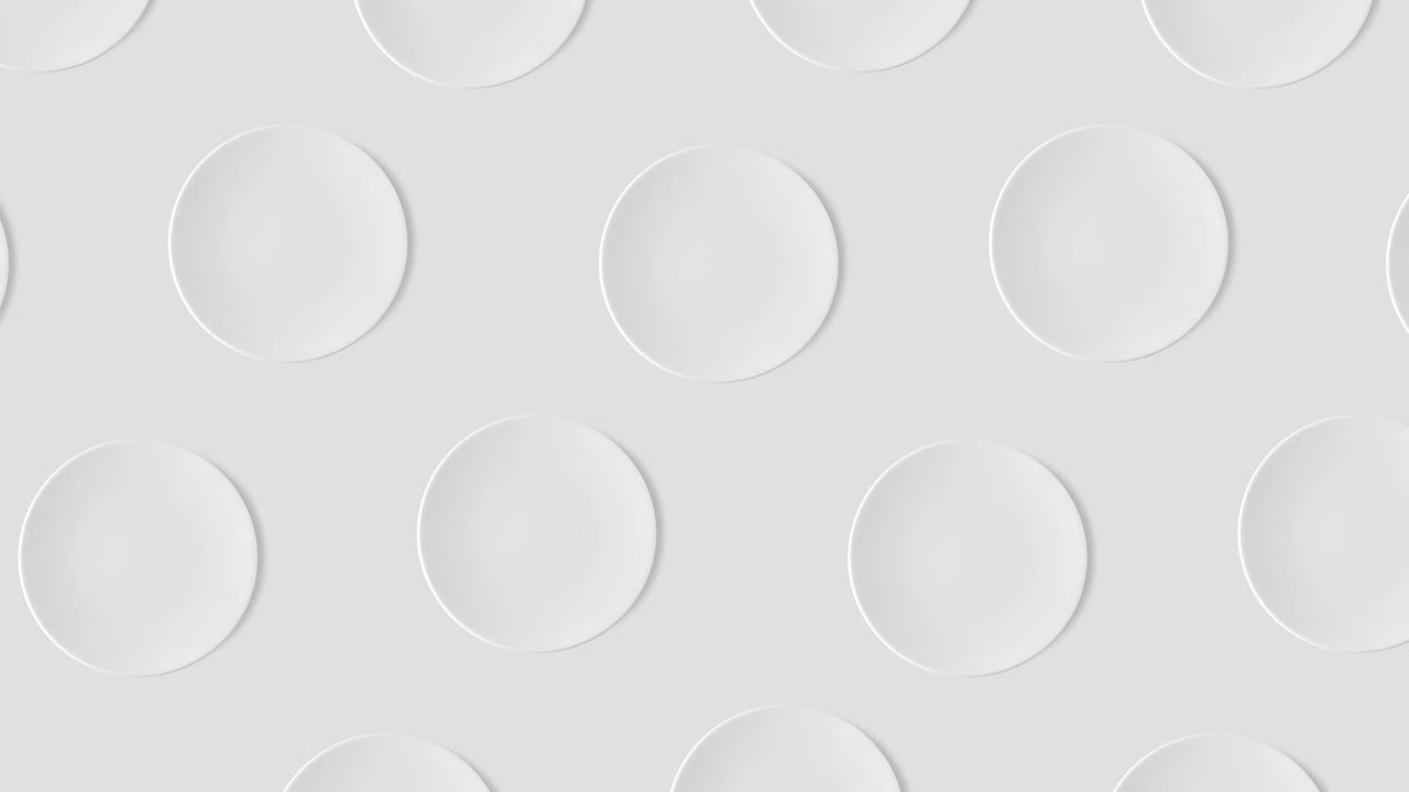 patrón abstracto con muchas placas blancas vacías animadas en un fondo gris, vista superior, espacio de copia. pasteles se mueven en diferentes direcciones, 4k