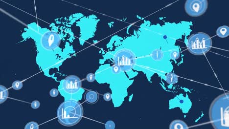 Animation-Des-Netzwerks-Von-Verbindungen-Mit-Symbolen-über-Der-Weltkarte