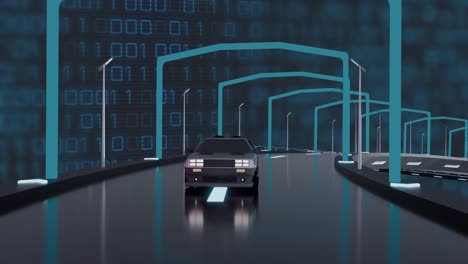 animation of digital interface with binary coding over car driving