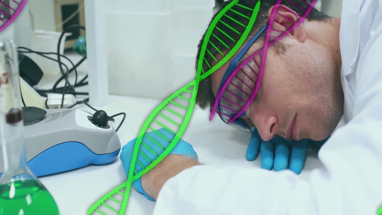 ученый спит за лабораторным столом с анимацией днк над сценой