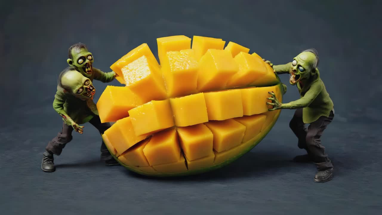 Zombies struggling with a giant cut mango