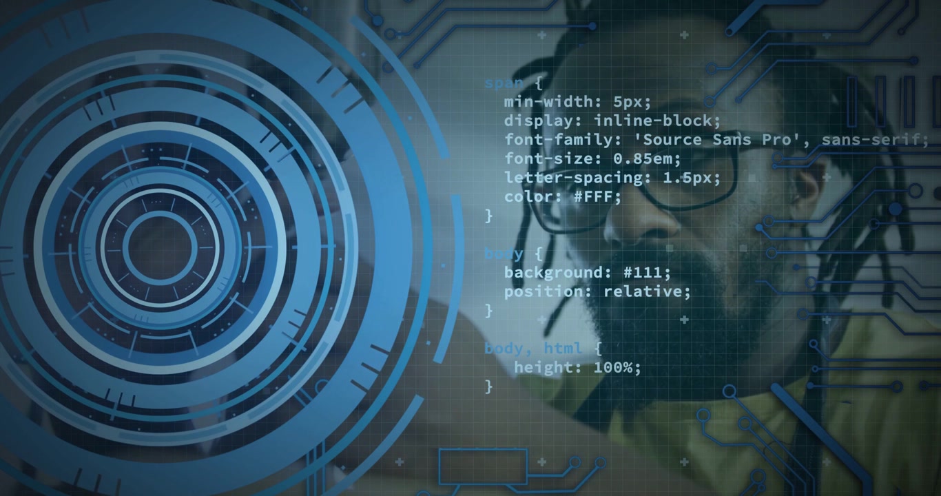 HUD appearing, developer leaning, touching blue HUD, manipulating code and debugging tech UI