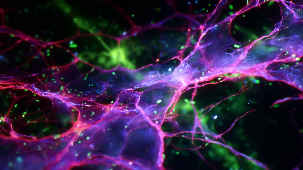 Dynamic Neuronal Connections Showcased in Colorful Visualization of Neural Networks and Synaptic Activity in a Vibrant Digital Environment