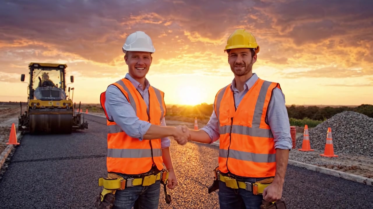 Two construction workers in high-visibility vests stand confidently on a newly paved road, with a beautiful sunset as the backdrop, ready to tackle the next stage of their project.