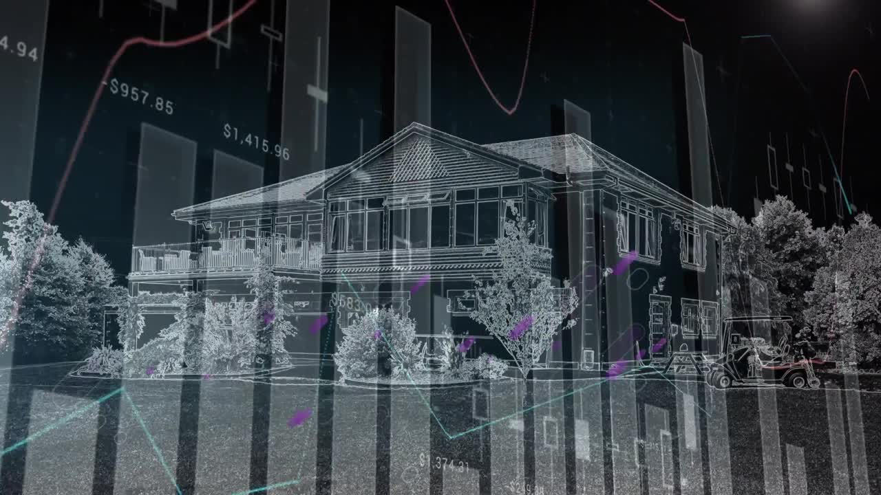 빠르게 움직이는 시계의 애니메이션과 집과 보라색 빛 트레일에 대한 통계 데이터 처리