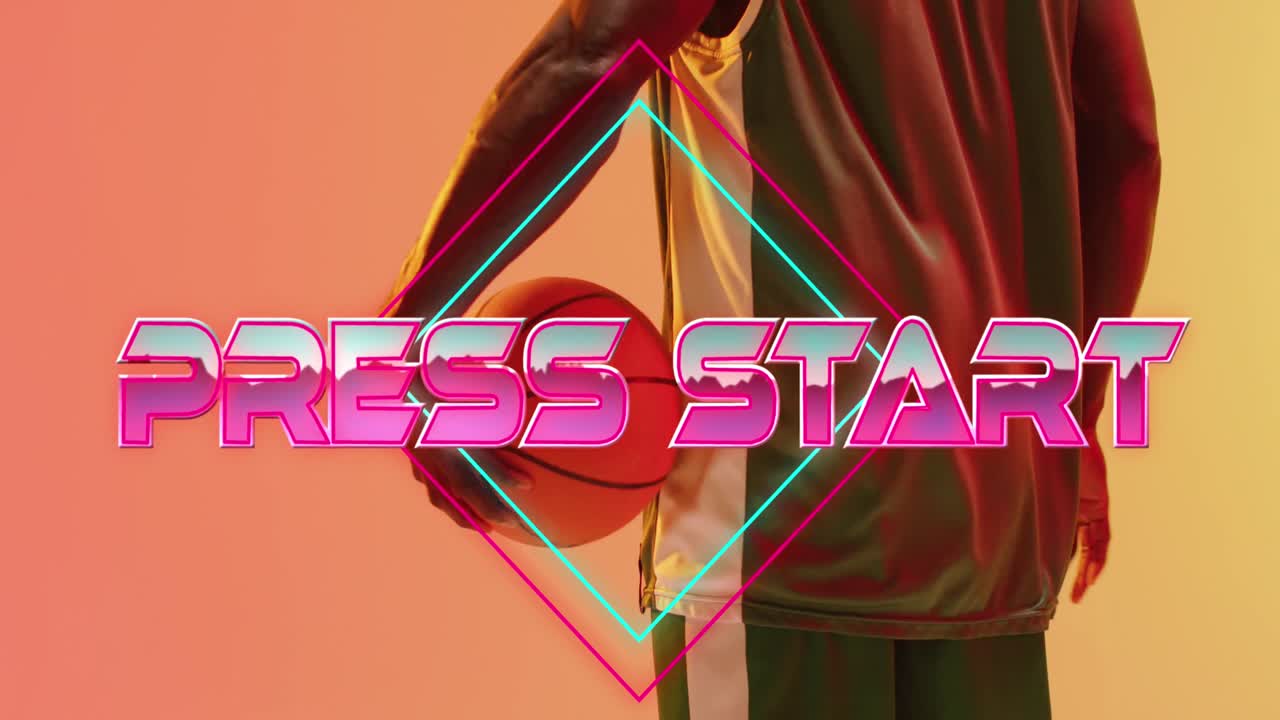 네온 배경에 농구 선수에 대한 프레스 시작 텍스트와 네온 라인의 애니메이션