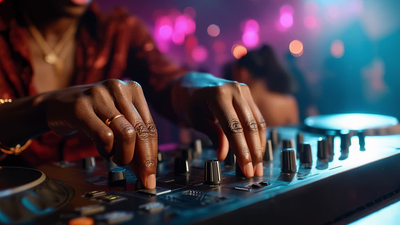 Hands adjust knobs on a DJ mixer under vibrant lights. Fingers glide over controls, syncing beats with crowd energy. Pink and blue hues glow behind the DJ's focused movements
