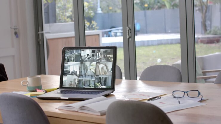 Laptop on dining table showing six home security camera views, slow motion