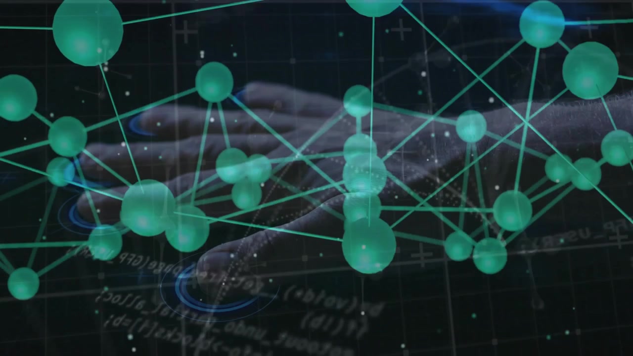 Professional hands swiping invisible touchscreen, causing network nodes shifting for tech insights