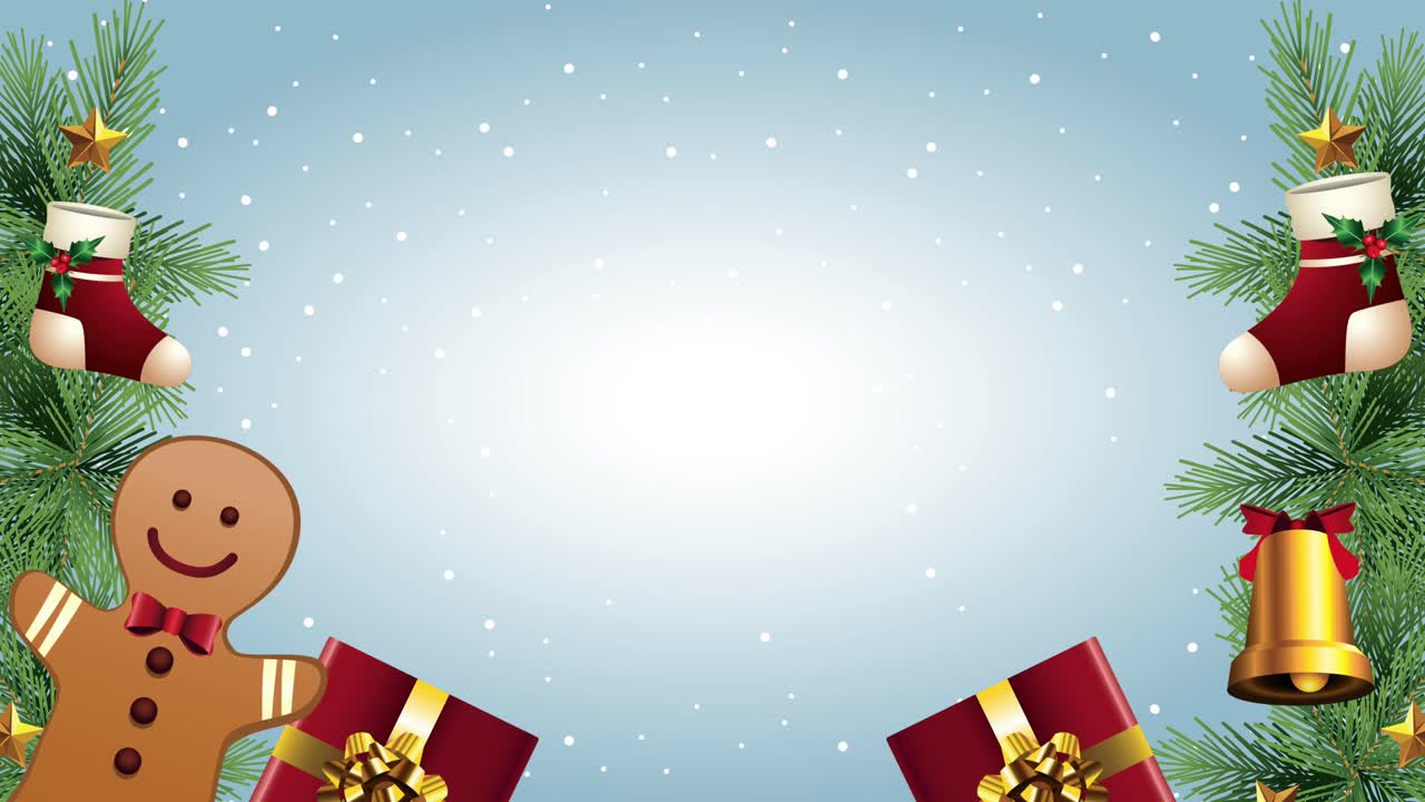 feliz tarjeta de navidad con regalos y gingerman