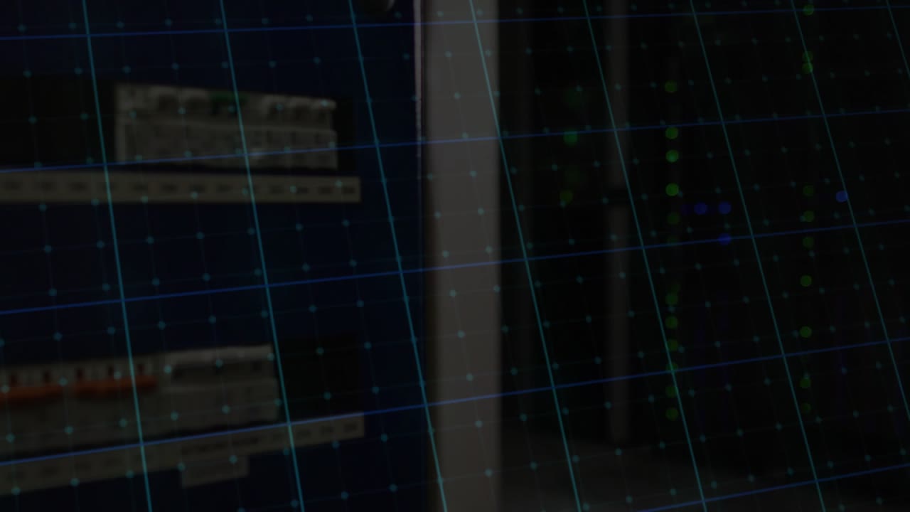 On grid appearing green, yellow, blue lines emerging, peaking, stabilizing visualizing data trends
