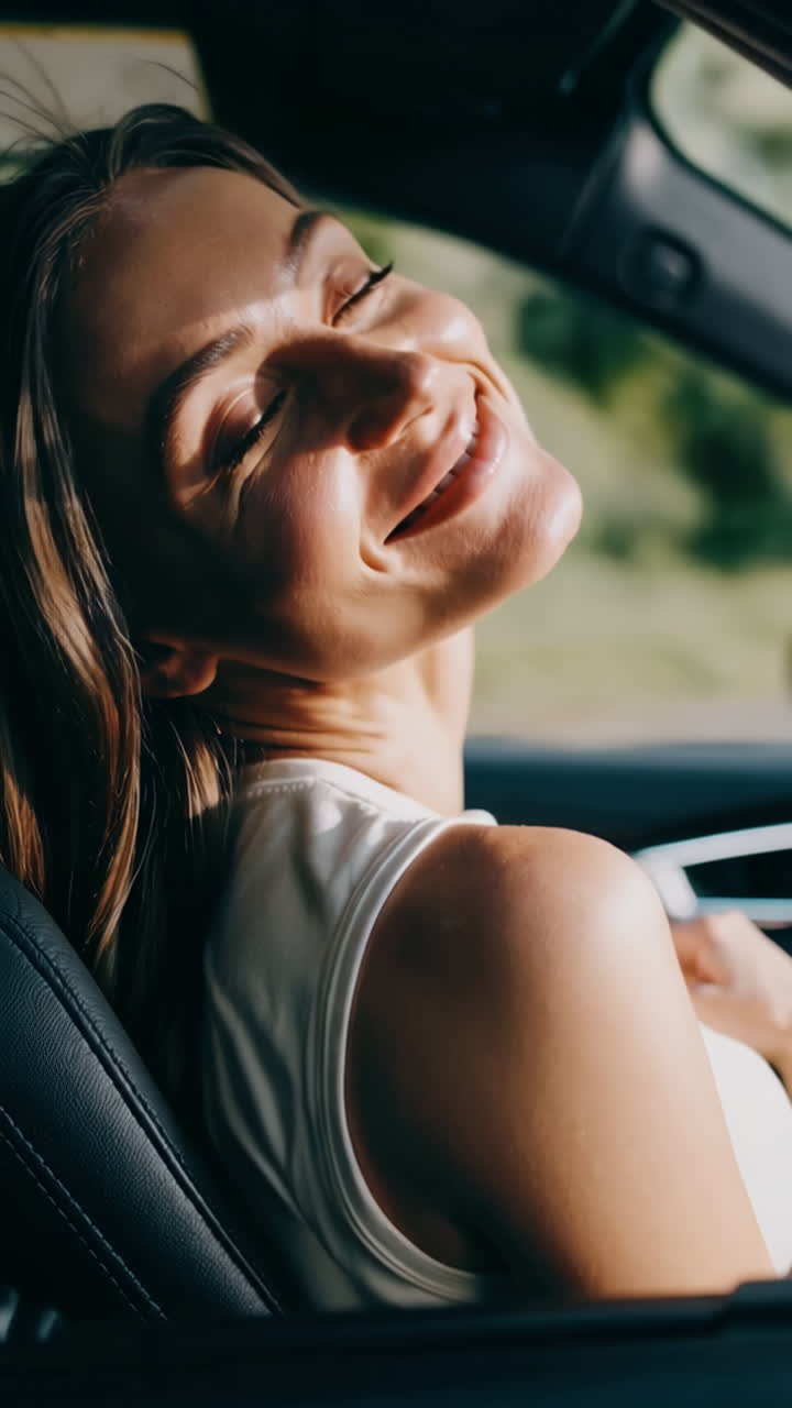 Woman enjoying sunlight and happiness on a car ride