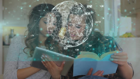 animación de conexiones y procesamiento de datos sobre dos estudiantes mujeres leyendo libros aprendiendo de ho