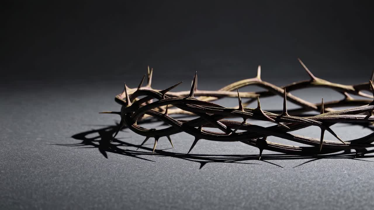 A crown of thorns lies on a textured surface, captured from a low angle