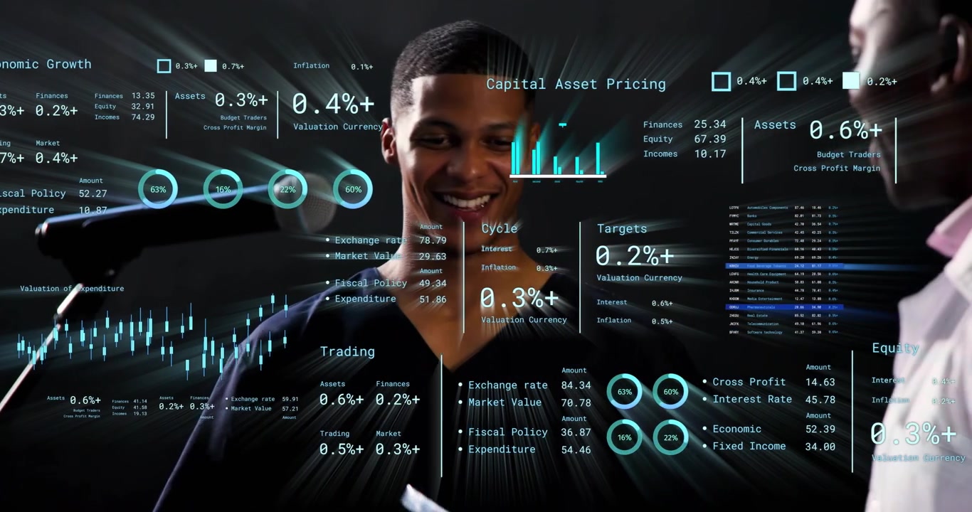 presenter stepping to mic reading finance figures floating charts showing growth, team celebrating