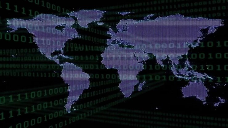 On start initiating code flowing behind map silhouette, dissolving into grid showing data network