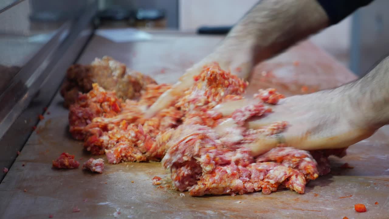 un carnicero preparando carne molida para salchichas