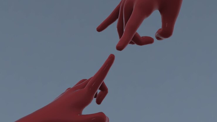 Red hands and fingers touching creation