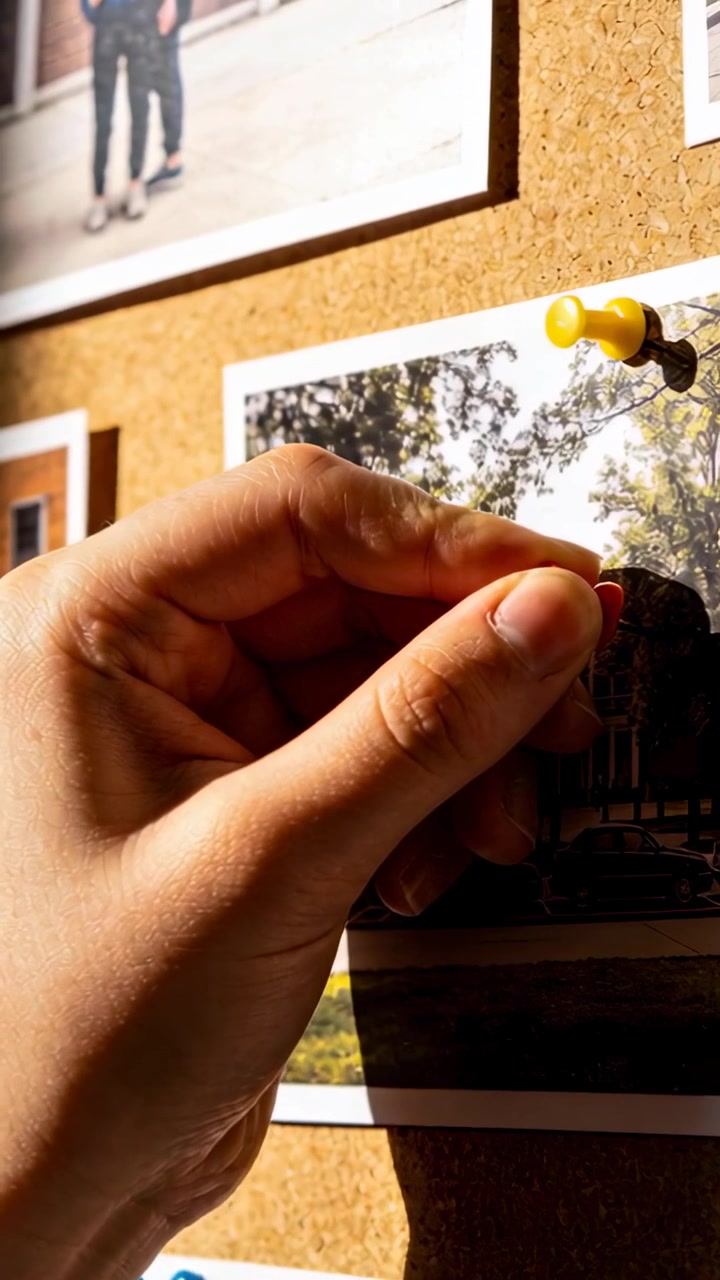 Vertical video: Approaching adult hand securing printed picture on cork board, pressing red pushpin