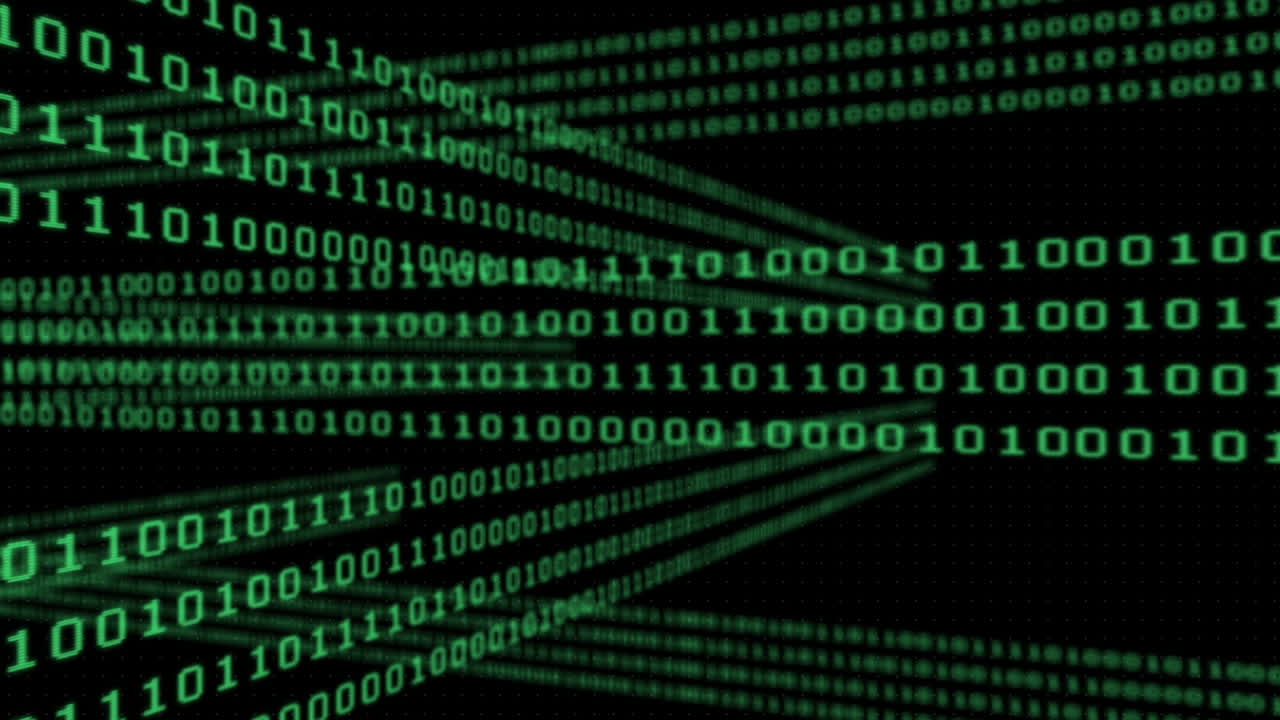 Animation of binary coding data processing over black background
