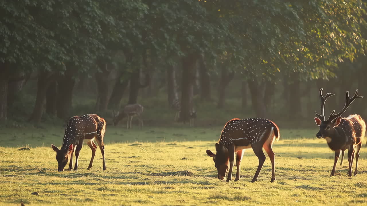 Spotted Deer Grazing in a Sunny Forest Clearing