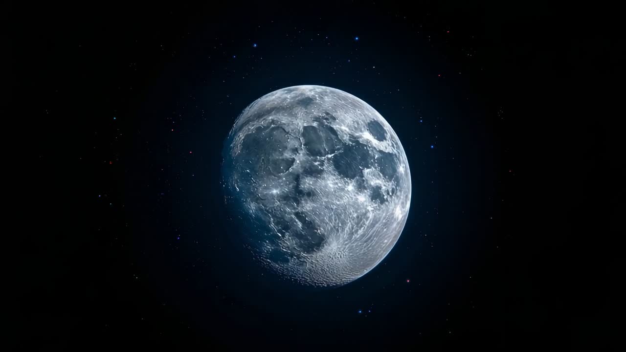 Anel pulsante sobreposto, com desfoque e desaparecimento no espaço entre estrelas distantes, revelando a Lua cheia girando