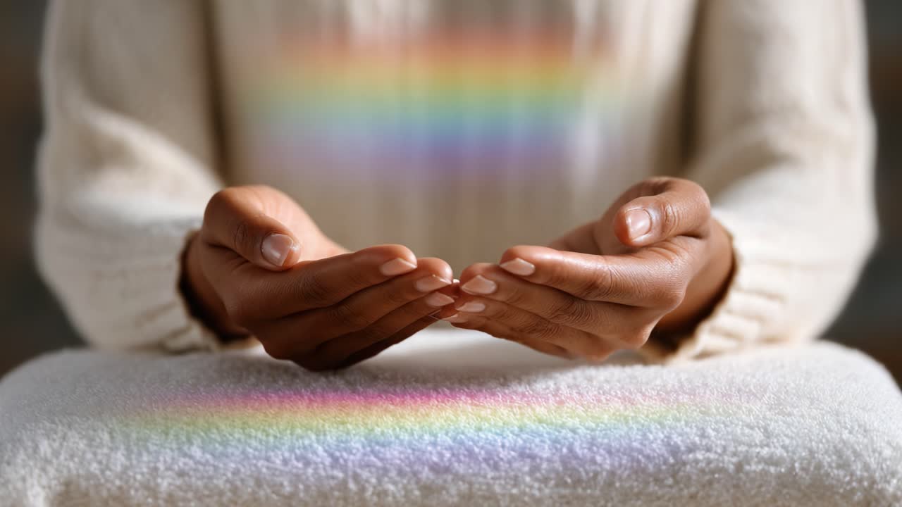 A Serene Moment of Connection: Hands Embracing a Soft Rainbow Glow, Symbolizing Hope and Positivity in a Tranquil Atmosphere