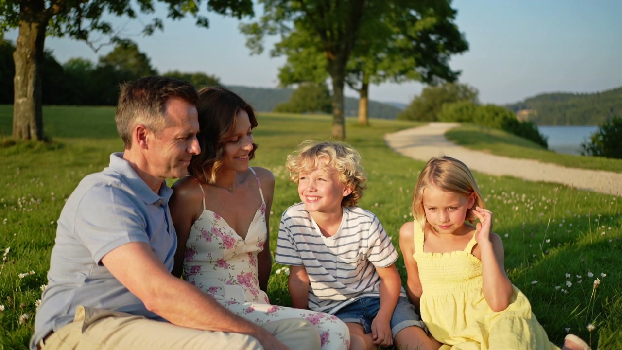 Vertical video: Family on lake grass, boy smiling sparking bonding for lifestyle, no animation