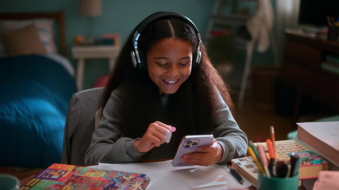 Young girl using a smartphone and headphones at her desk