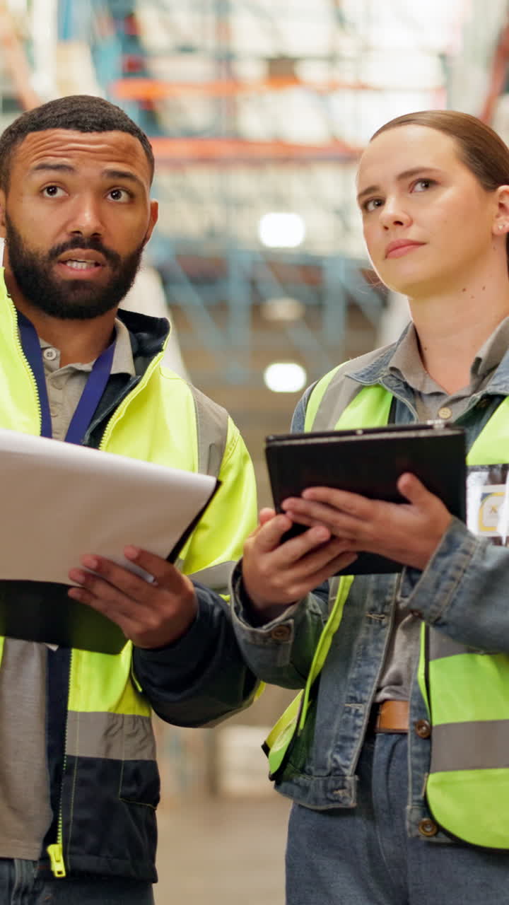 trabajadores del almacén discutiendo el inventario