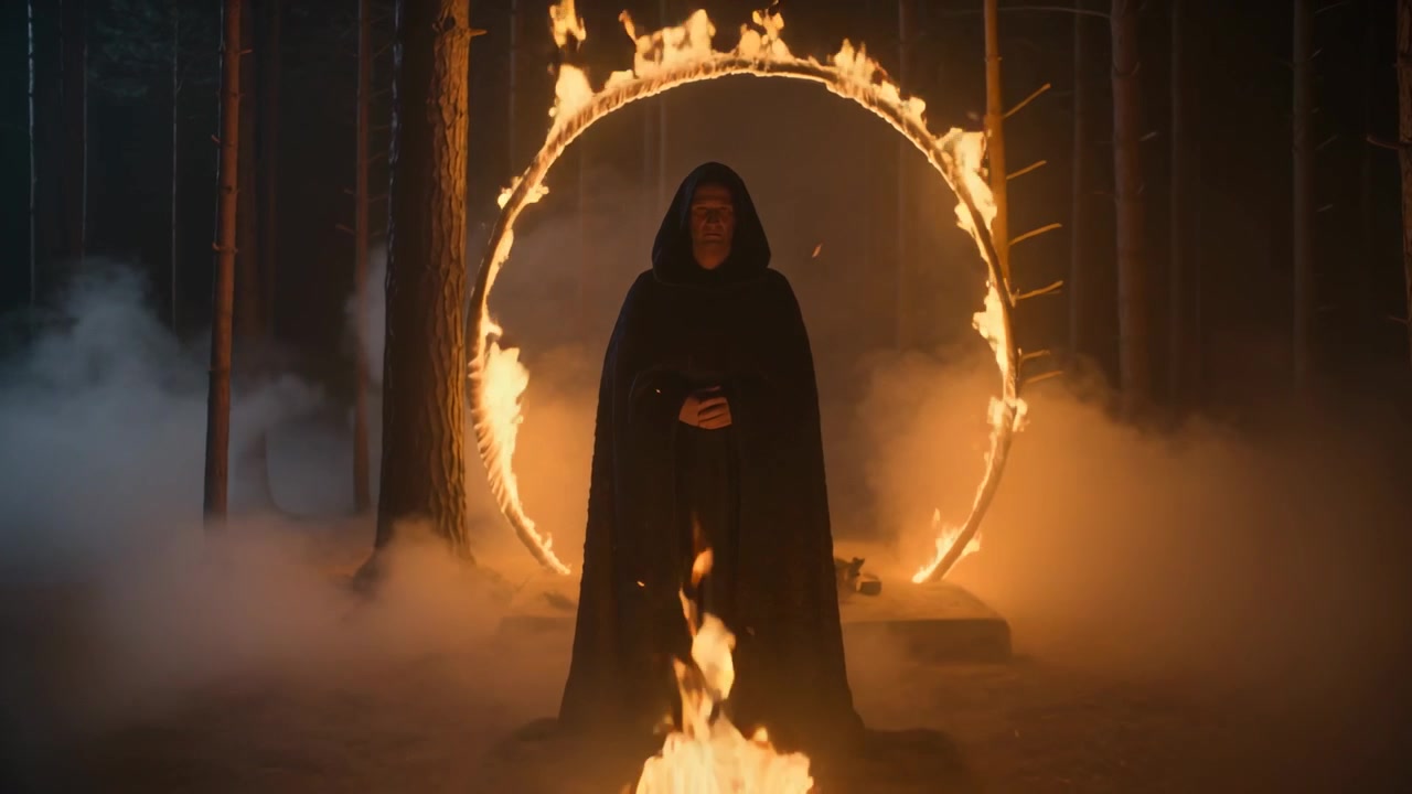 Postava v černé kápi reaguje na hořící kruh a provádí rituál uprostřed lesní mlhy a ohně.
