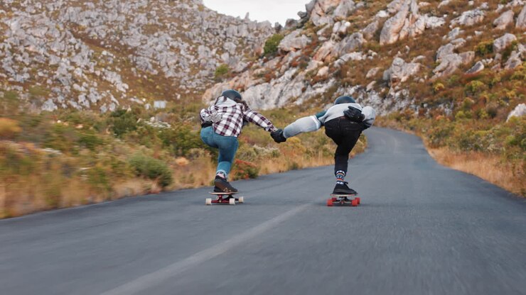 giovani amici che fanno longboard insieme, tenendosi per mano, che navigano in discesa, che gareggiano, adolescenti felici che si divertono a fare skateboard sulla bellissima strada di campagna, vista posteriore